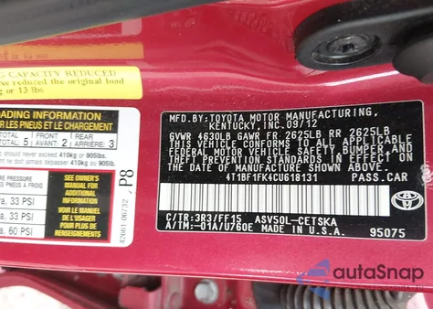 2012 Toyota Camry Se Limited Edition from USA, damaged, VIN 4T1BF1FK4CU618131